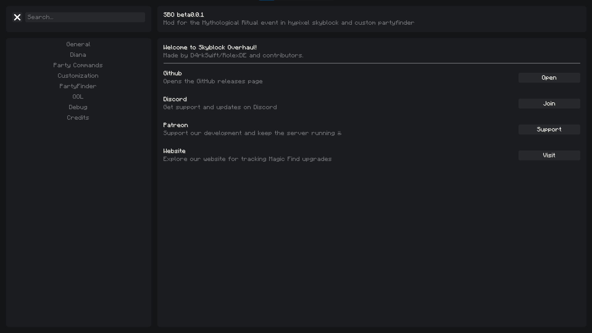 The Skyblock Overhaul settings screen in Minecraft, with categories down the left and toggleable options listed on the right.