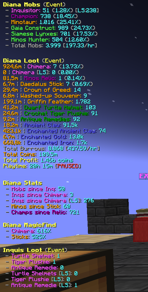 Skyblock Overhaul Diana Trackers overlay in Minecraft, showing tracked Diana mob kills and loot drops stacked in a column on screen.