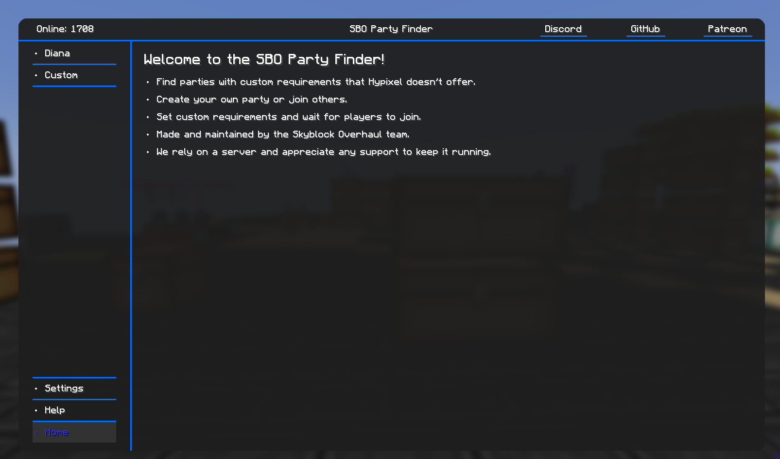 The Skyblock Overhaul party finder home page in Minecraft, an in-game screen listing Diana parties to join.