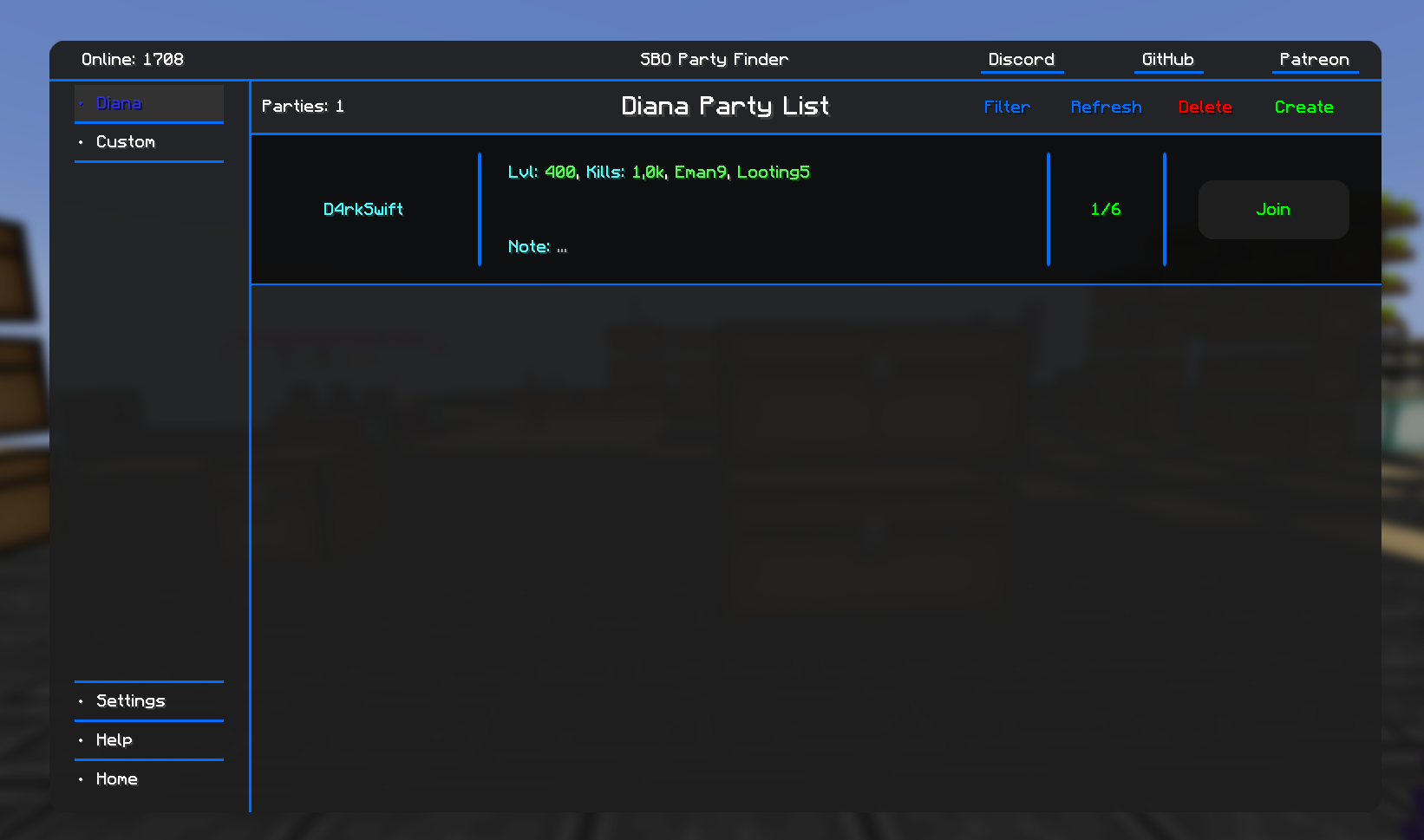 The Diana page of the Skyblock Overhaul party finder, listing Diana parties with their requirements.